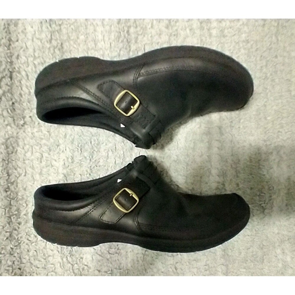 Merrell Black Mules with Gold Buckle